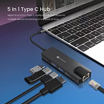 Portronics Mport 51 5-in-1 Type C HUB with RJ 45 Ethernet Port, 5Gbps Data Transfer, HDMI Port,USB 3.0,(Grey) - Image 2