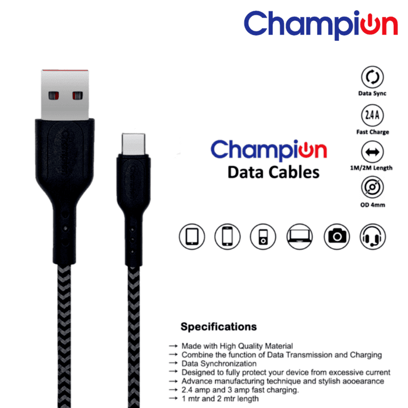 Champion USB-A to Type-C 2.4A Fast Charging Cable Braided ,Compatible with Android Phones/Tablets (Black) - Image 2