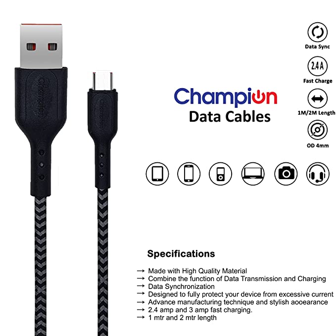 Champion USB to Micro 2.4Amp Data Sync & Charging Cable Braided 1M for all Android & Micro USB Devices (Black) - Image 2