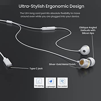 Portronics Conch 20 in Ear Wired Earphone with Type-C Jack, Powerful Audio, Built-in Microphone, Tangle Resistant Cable(White) - Image 4