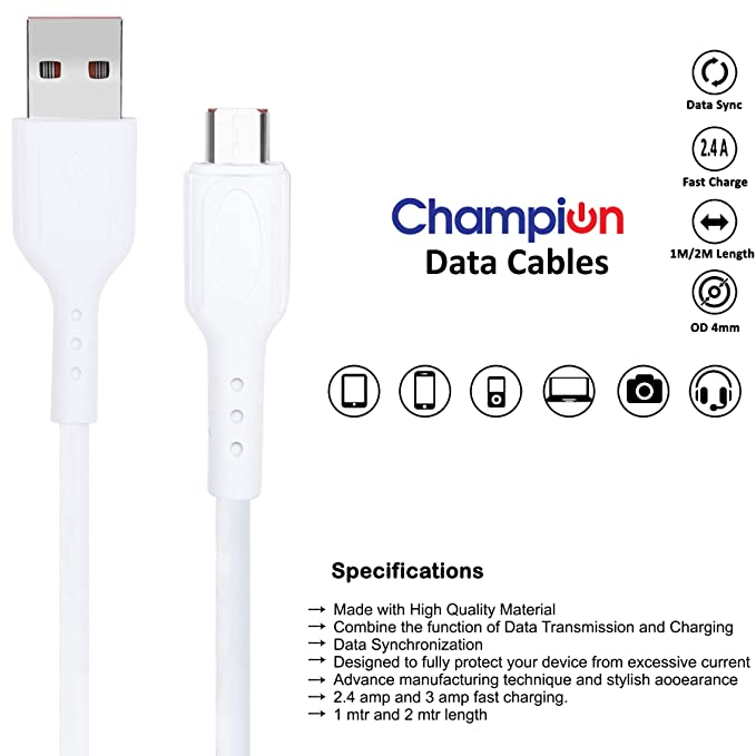 Champion USB to Type-C 3Amp Data Sync & Charging Cable PVC for all Android & USB Type-C Devices (White) - Image 5
