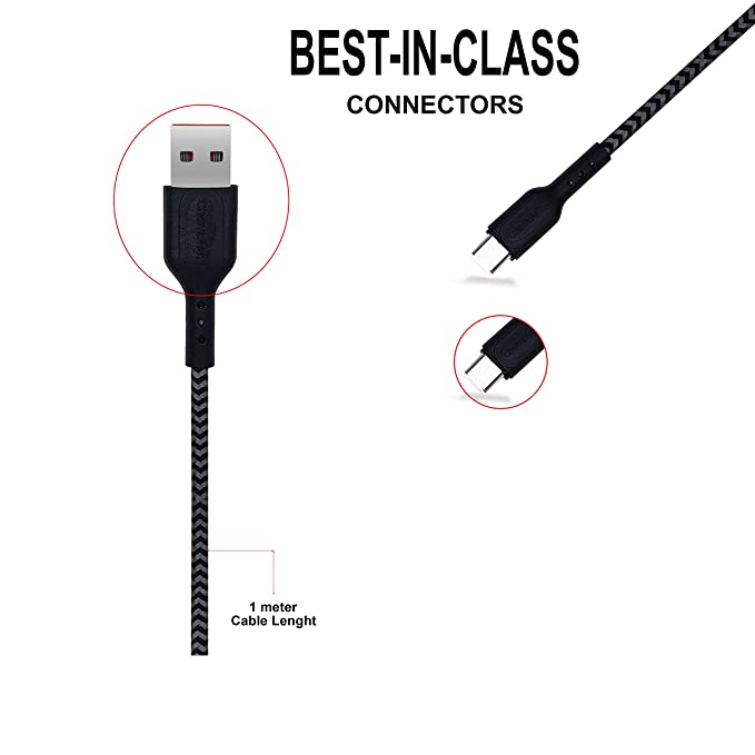 Champion USB to Micro 2.4Amp Data Sync & Charging Cable Braided 1M for all Android & Micro USB Devices (Black) - Image 3