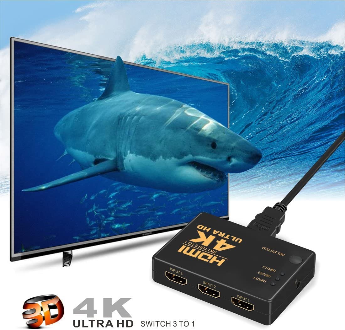 HDMI Switch 3IN1 with IR Remote Control for UHD 2K 4K Support, Full HD 1080P, 3D, Switch Splitter with Remote Control, HD Audio ,Supports Blu-ray, Netflix, PS4/PS3 (Black) - Image 2