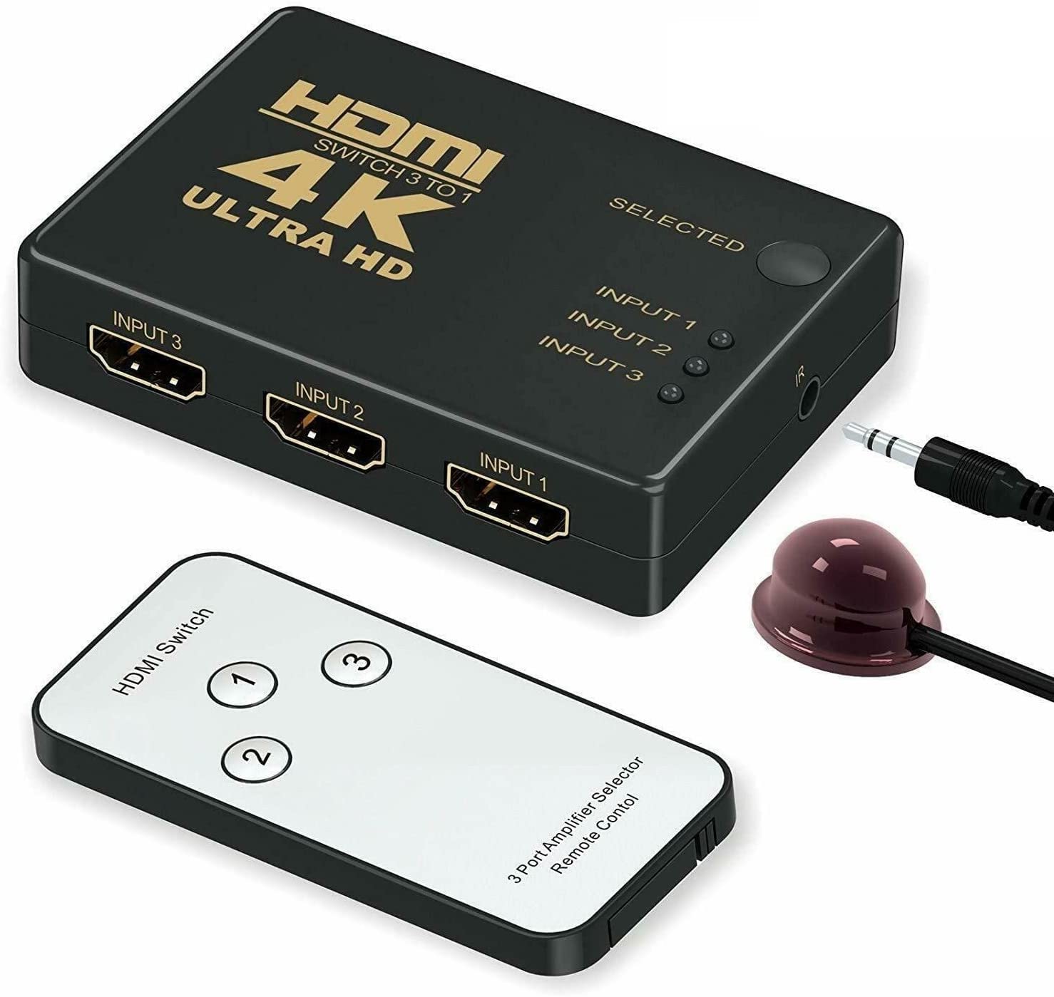 HDMI Switch 3IN1 with IR Remote Control for UHD 2K 4K Support, Full HD 1080P, 3D, Switch Splitter with Remote Control, HD Audio ,Supports Blu-ray, Netflix, PS4/PS3 (Black)
