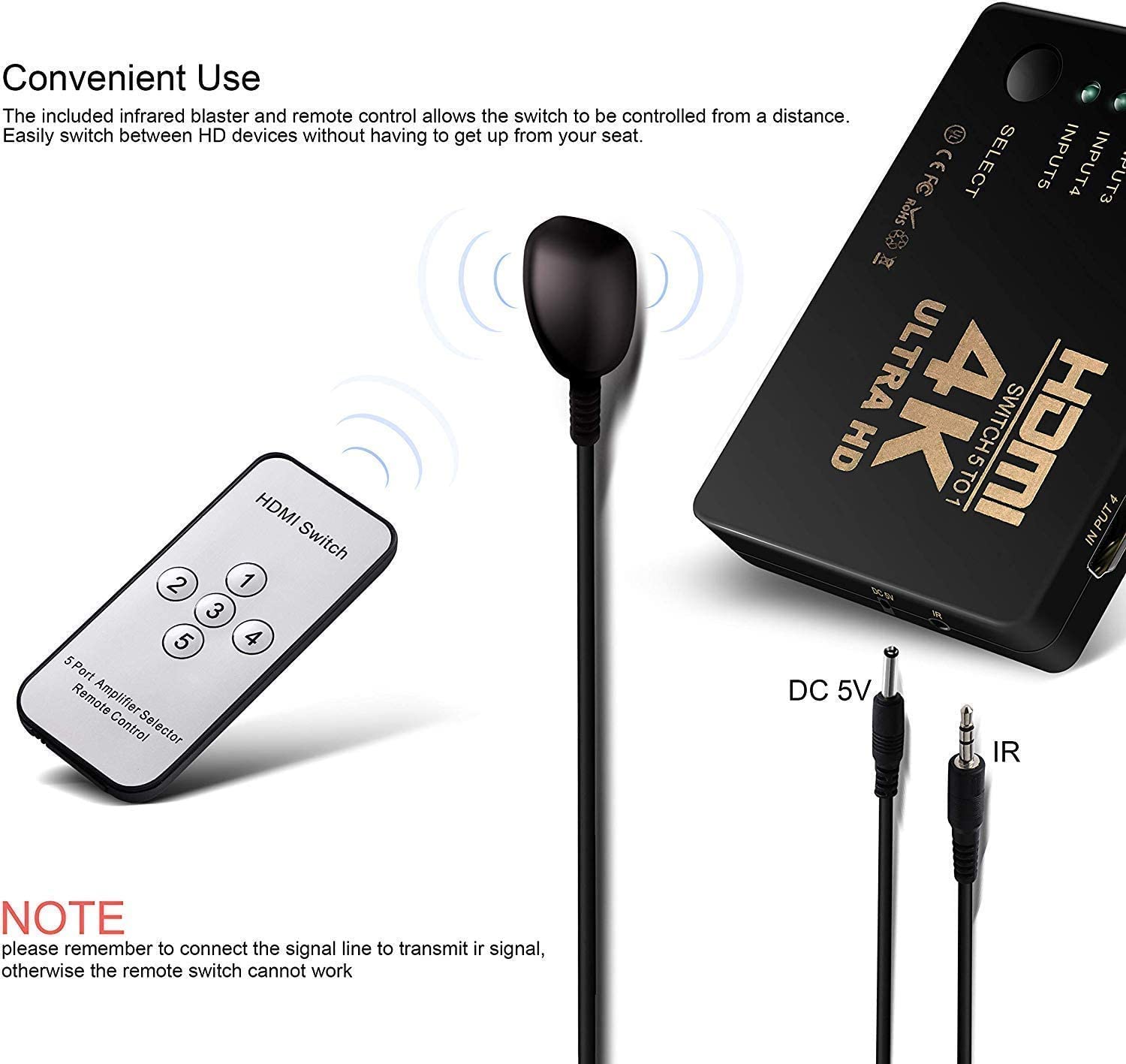 HDMI Switch 3IN1 with IR Remote Control for UHD 2K 4K Support, Full HD 1080P, 3D, Switch Splitter with Remote Control, HD Audio ,Supports Blu-ray, Netflix, PS4/PS3 (Black) - Image 4