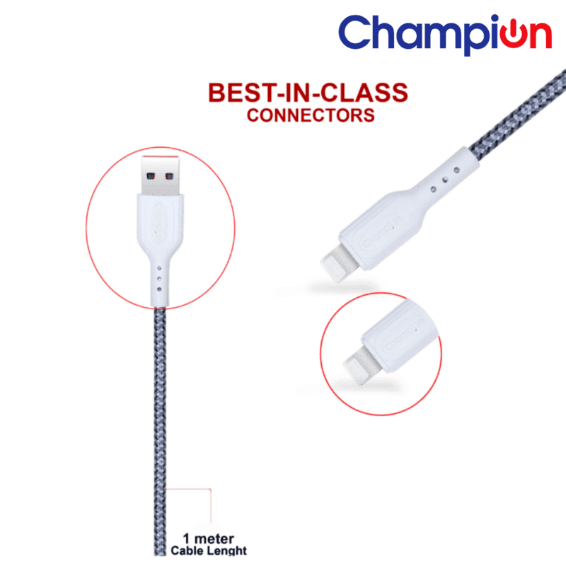 Champion USB to Lightning 2.4Amp Data Sync & Charging Cable Braided 1M for all Apple & Lightning Port Devices (Grey) - Image 5