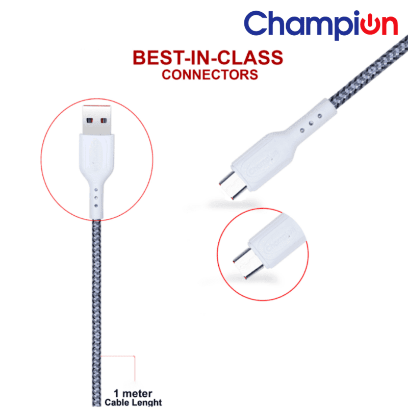 Champion USB to Micro 2.4Amp Data Sync & Charging Cable Braided 1M for all Android & Micro USB Devices (Grey) - Image 5