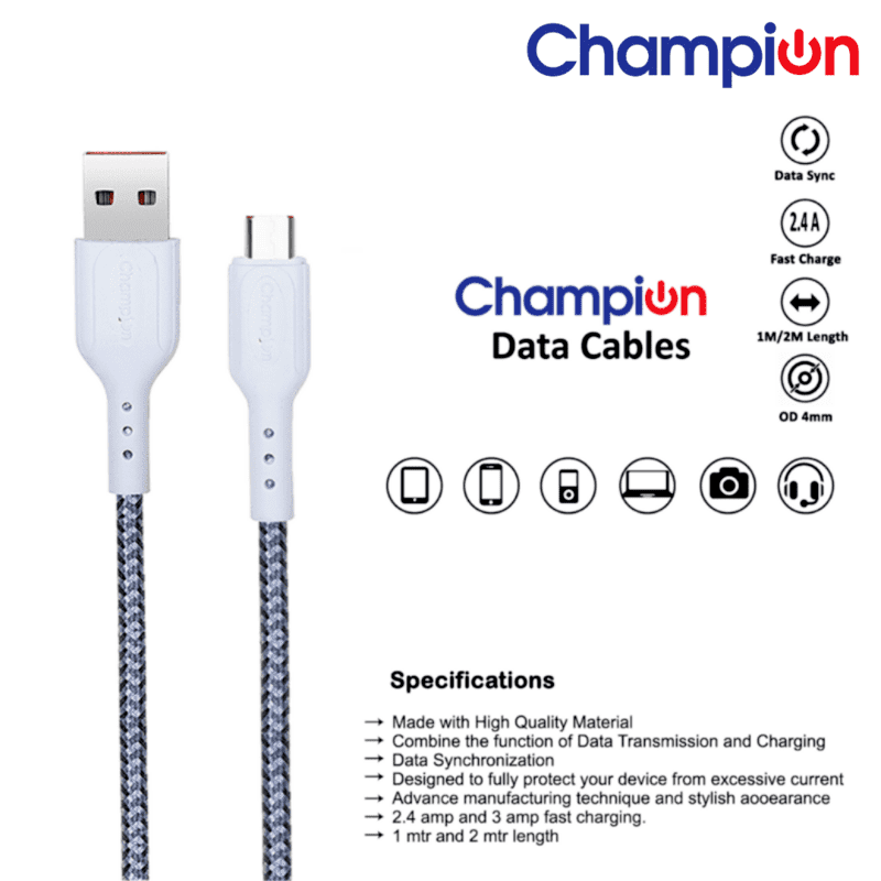 Champion USB to Micro 2.4Amp Data Sync & Charging Cable Braided 1M for all Android & Micro USB Devices (Grey) - Image 2