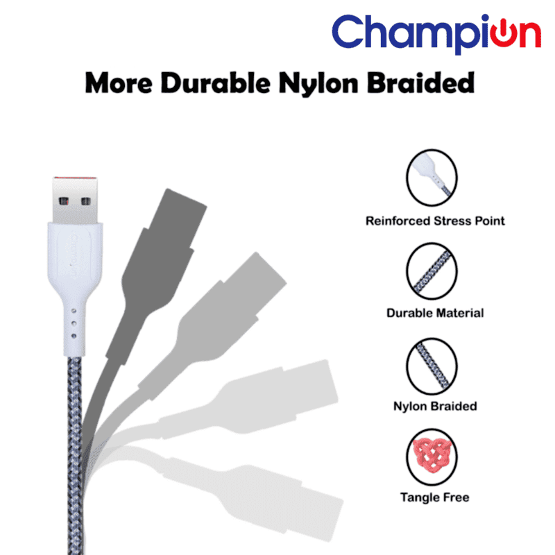 Champion USB to Micro 2.4Amp Data Sync & Charging Cable Braided 1M for all Android & Micro USB Devices (Grey) - Image 3