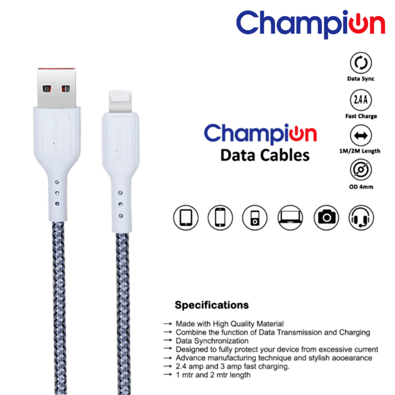Champion USB to Lightning 2.4Amp Data Sync & Charging Cable Braided 1M for all Apple & Lightning Port Devices (Grey) - Image 2