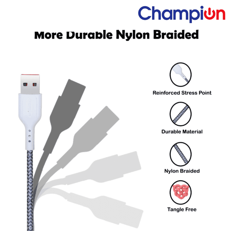 Champion USB to Lightning 2.4Amp Data Sync & Charging Cable Braided 1M for all Apple & Lightning Port Devices (Grey) - Image 3