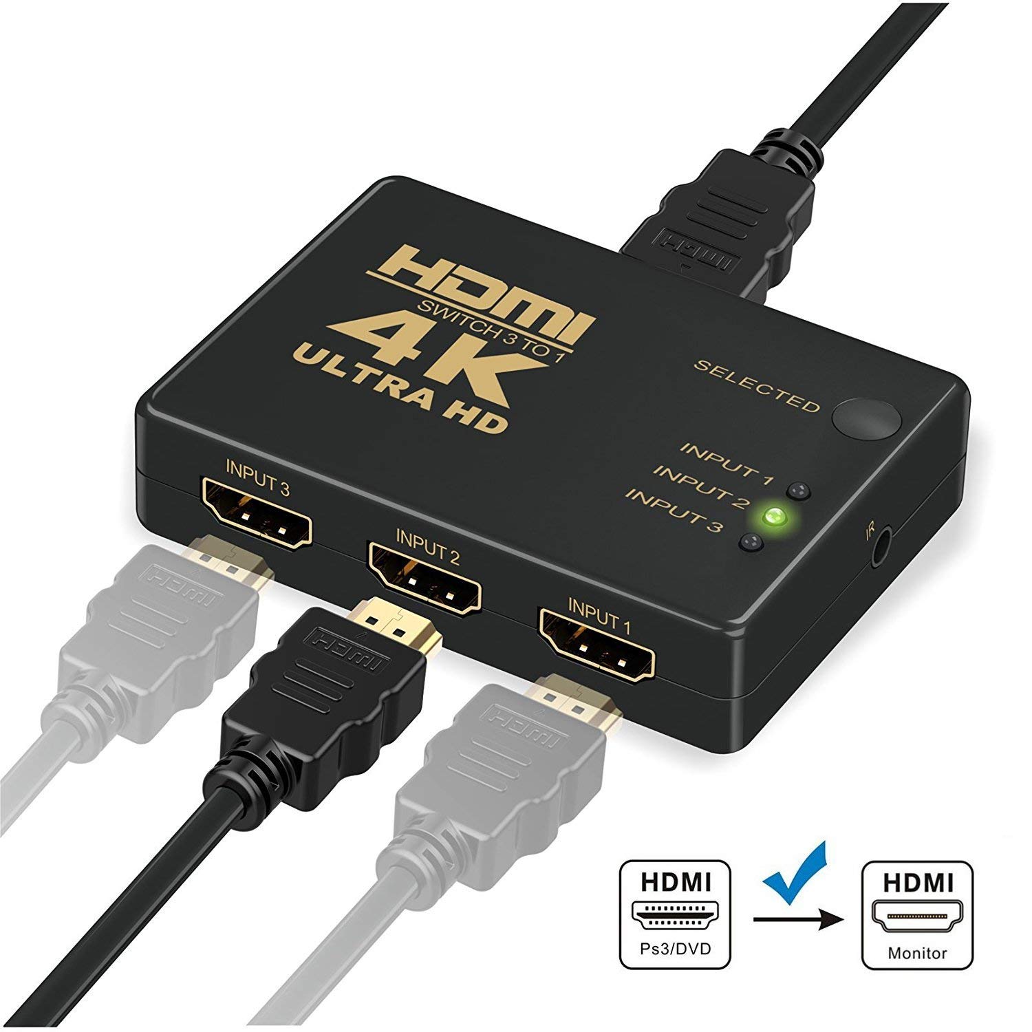 HDMI Switch 3IN1 with IR Remote Control for UHD 2K 4K Support, Full HD 1080P, 3D, Switch Splitter with Remote Control, HD Audio ,Supports Blu-ray, Netflix, PS4/PS3 (Black) - Image 6