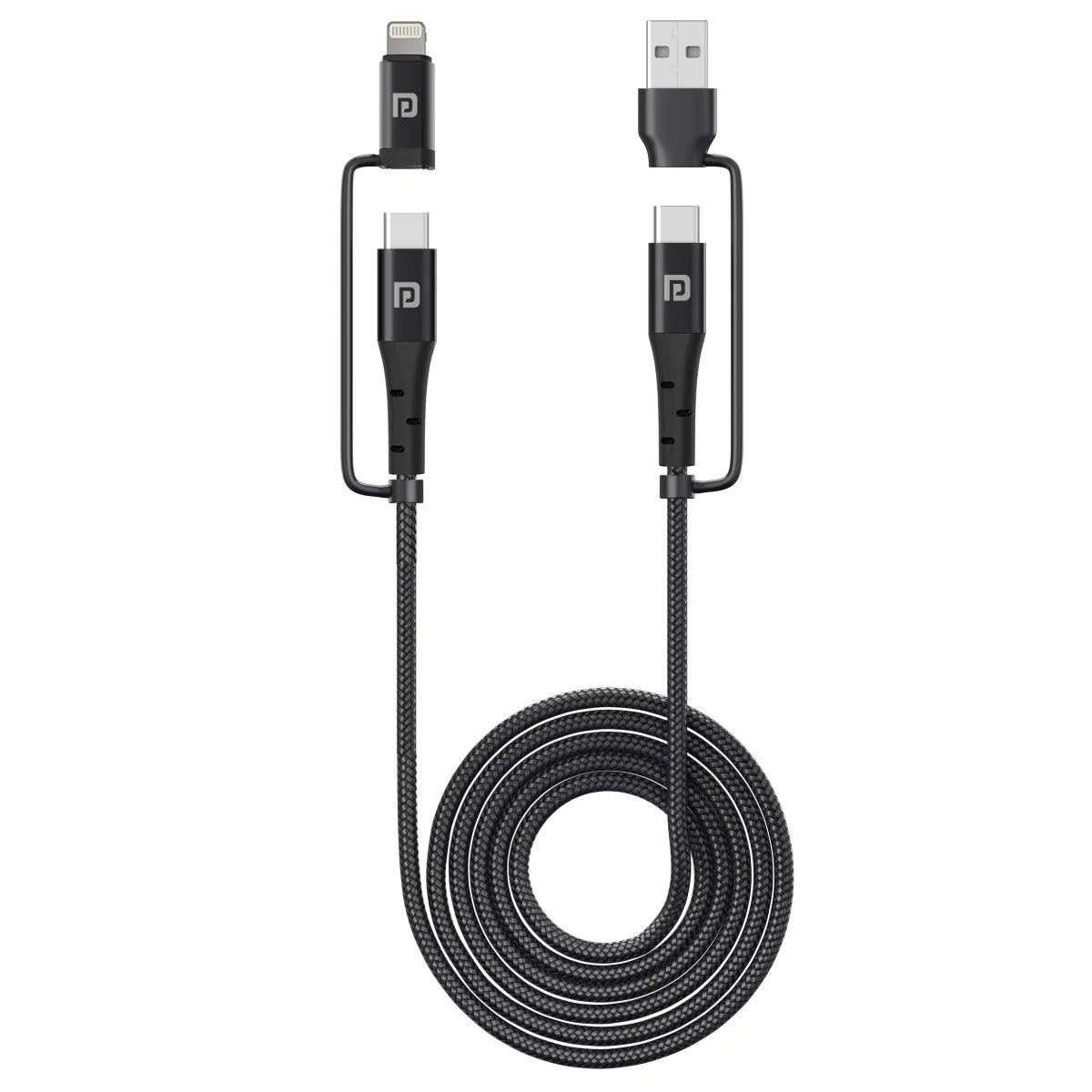 Portronics Konnect J8 3-in-1 (USB A + Type C to 8 Pin + Type C) Fast Charging with 60W Max Output, Nylon Braided, For Android Smartphone 1.2M (Black)