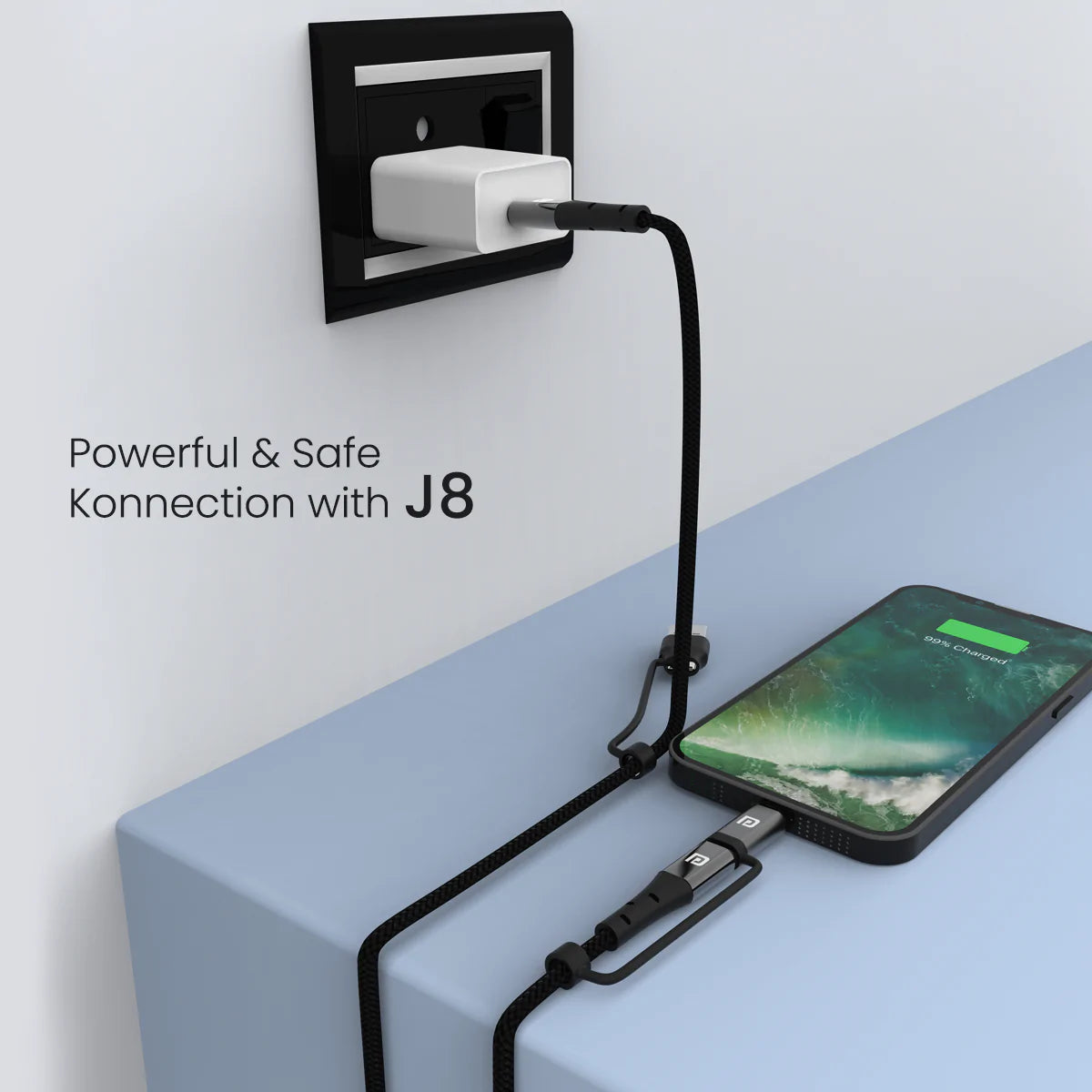 Portronics Konnect J8 3-in-1 (USB A + Type C to 8 Pin + Type C) Fast Charging with 60W Max Output, Nylon Braided, For Android Smartphone 1.2M (Black) - Image 2