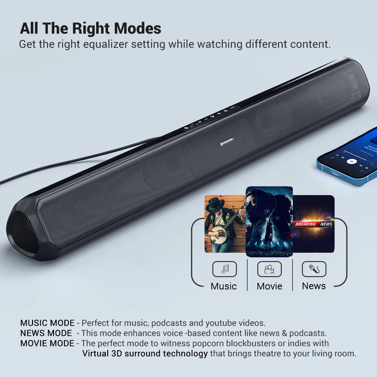 Portronics Sound Slick 7 50W Wireless Soundbar with Aux in 3.5 mm in-Built Power Cable - Image 5