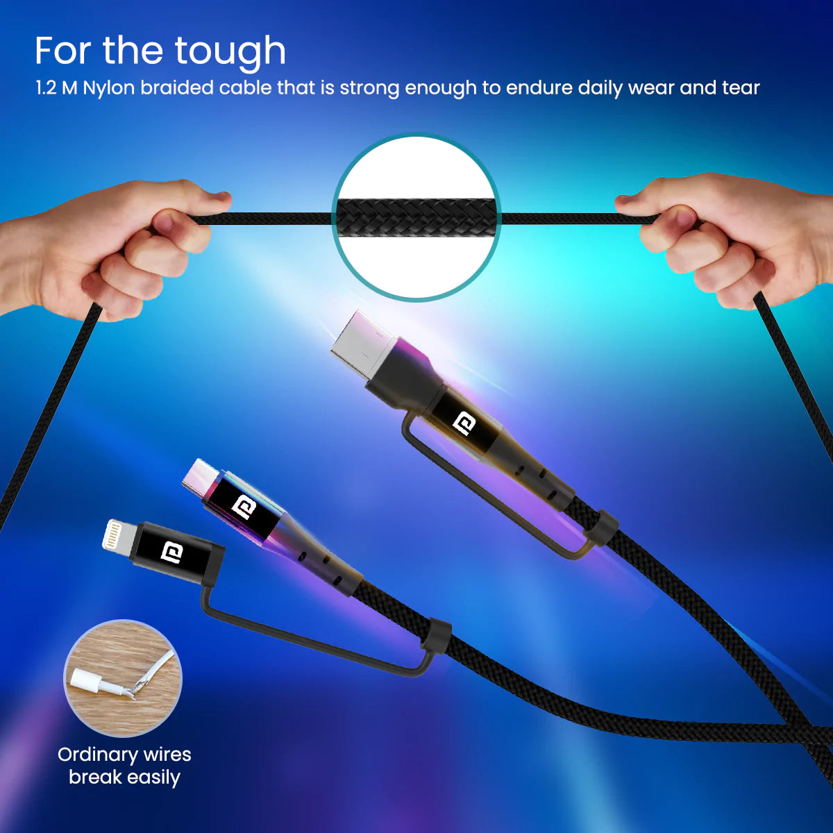 Portronics Konnect J8 3-in-1 (USB A + Type C to 8 Pin + Type C) Fast Charging with 60W Max Output, Nylon Braided, For Android Smartphone 1.2M (Black) - Image 5