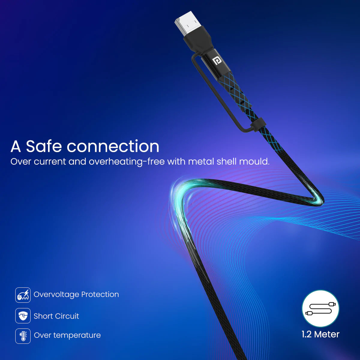 Portronics Konnect J8 3-in-1 (USB A + Type C to 8 Pin + Type C) Fast Charging with 60W Max Output, Nylon Braided, For Android Smartphone 1.2M (Black) - Image 6
