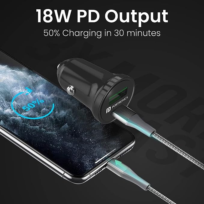 Portronics CarPower Mini Car Charger with Dual Output, Fast Charging (Type C PD 18W + Mach 3.0A) Compatible with All Smartphones (Black) - Image 2