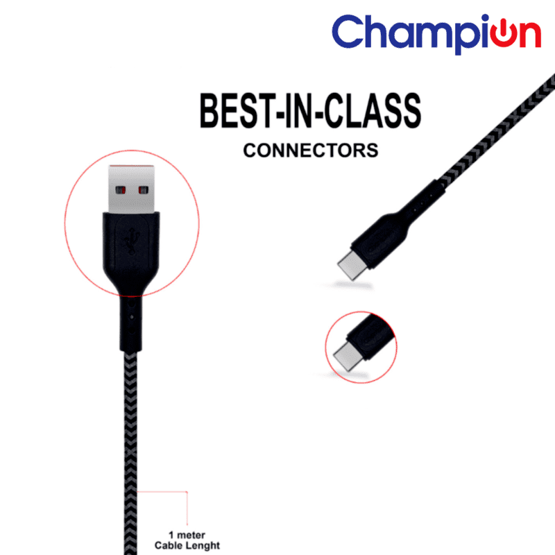 Champion USB-A to Type-C 2.4A Fast Charging Cable Braided ,Compatible with Android Phones/Tablets (Black) - Image 3