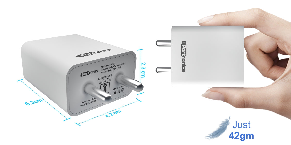 Portronics Adapto 66 POR-1066 2.4A Dual USB Ports Charging Adapter with 1M Micro USB Cable (White) - Image 5