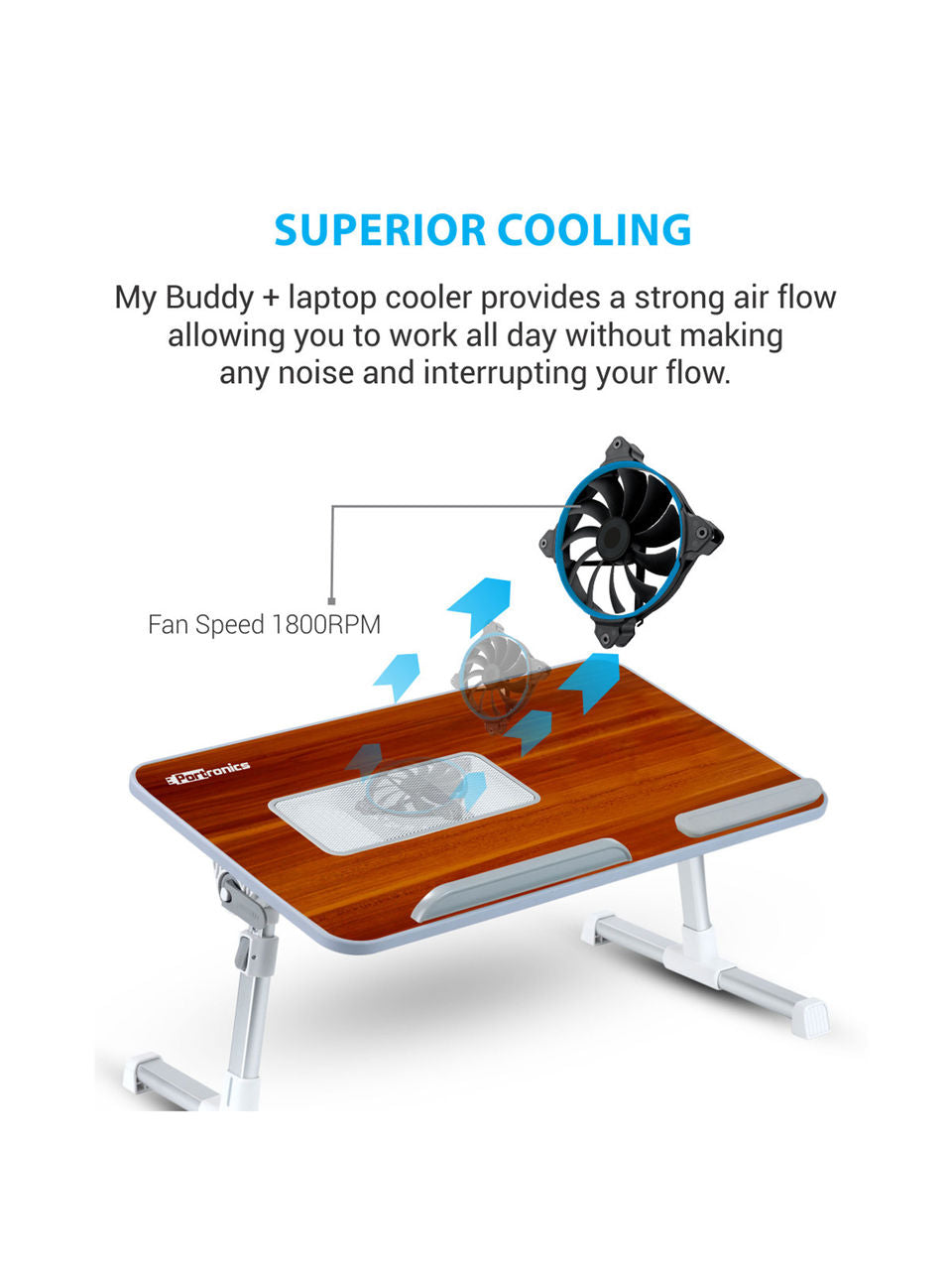 Portronics My Buddy Plus Adjustable Laptop Table with built-in USB Cooling Fan, Foldable Legs - Image 2