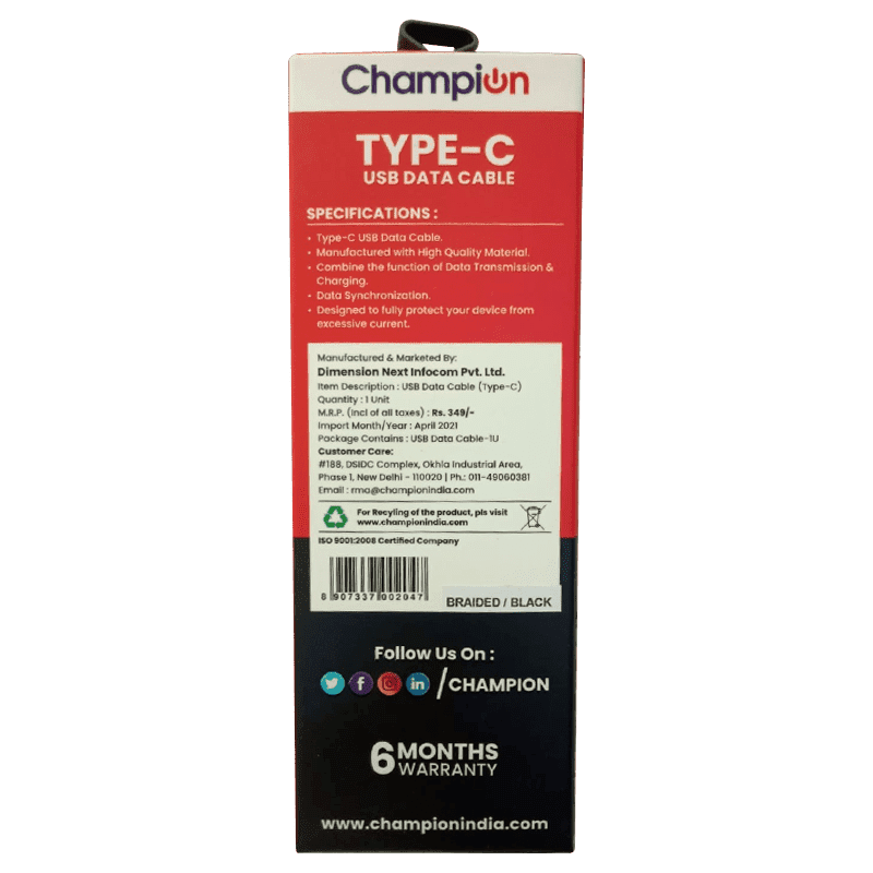Champion USB to Type-C 2.4Amp Data Sync & Charging Cable Braided 1M for all Android & Type-C Devices (Red) - Image 4