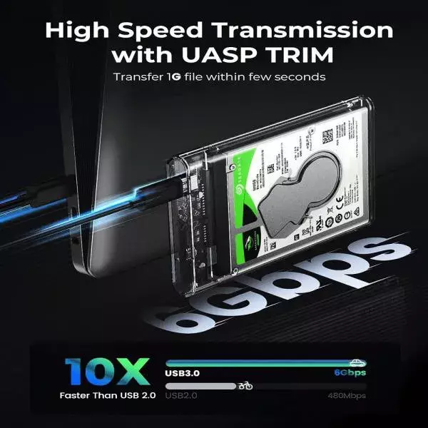 USB 3.0 Transparent Glass Laptop Casing 6.5cm (2.5 Inch) HDD/SSD Enclosure Case Cover SATA - Image 3