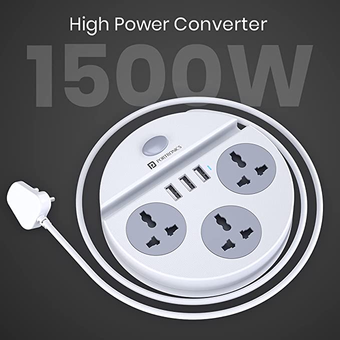 Portronics Power Plate 5 1500W Power Converter with USB Charger & Mobile Holder 3AC Socket + 3USB Ports I 1.5 m Cord Length - Image 5