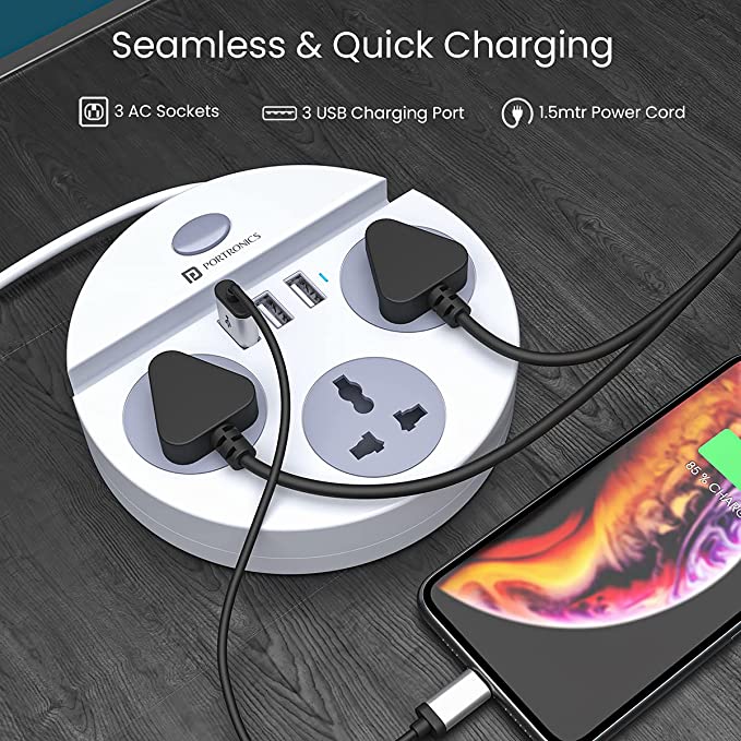Portronics Power Plate 5 1500W Power Converter with USB Charger & Mobile Holder 3AC Socket + 3USB Ports I 1.5 m Cord Length - Image 6