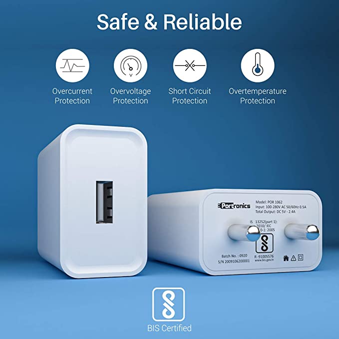 Portronics Adapto 62 POR-1062 USB Wall Adapter with 2.4A Fast Charging Single USB Port Without Cable for All iOS & Android Devices (White) - Image 4
