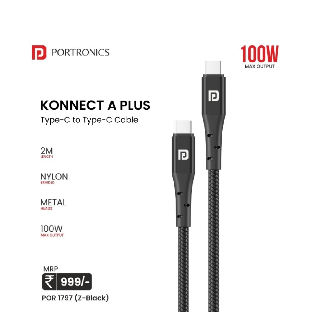 Portronics Konnect A Plus Type C to C Nylon Braided 2M Cable For Mobile & Laptop (Black) - Image 2