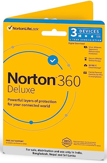 Norton 360 Deluxe |3 Users 1 Year|Total Security for PC, Mac, Android or iOS PC Cloud Back Up