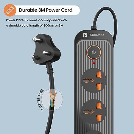 Portronics Power Plate 6 with 4 USB Port + 5 Power Sockets Extension Board, 2500W Power Converter, Cord Length 3Mtr (Black) - Image 4