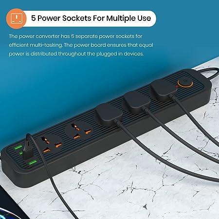 Portronics Power Plate 6 with 4 USB Port + 5 Power Sockets Extension Board, 2500W Power Converter, Cord Length 3Mtr (Black) - Image 5