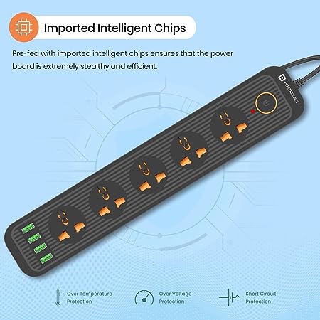 Portronics Power Plate 6 with 4 USB Port + 5 Power Sockets Extension Board, 2500W Power Converter, Cord Length 3Mtr (Black) - Image 2