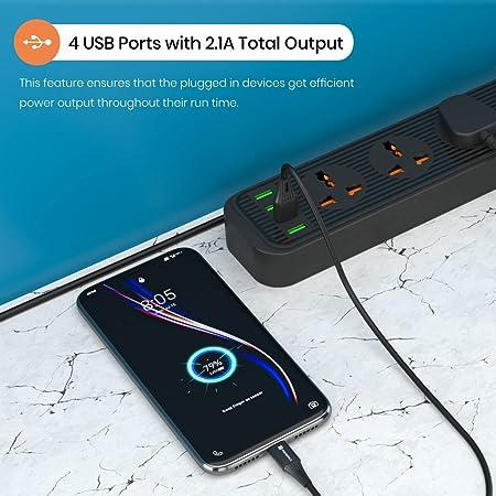 Portronics Power Plate 6 with 4 USB Port + 5 Power Sockets Extension Board, 2500W Power Converter, Cord Length 3Mtr (Black) - Image 3