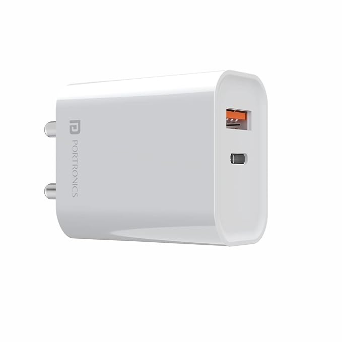 Portronics Adapto 45 20W Mach USB & Type-C Dual Output Super Fast Charger, Wall Adapter Power Delivery 3.0 Fast Charging (White)