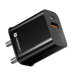 W1 Portronics ADAPTO 20B 20W Dual Port Fast Charging Adapter Type C PD 3.0 & Mach USB-A Compatible with iPhone & Android (Black)
