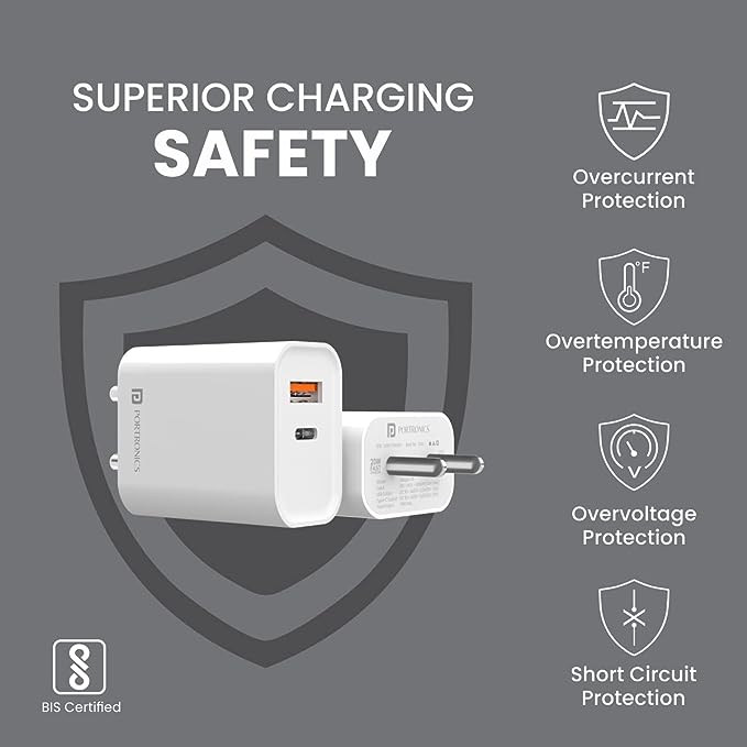 Portronics Adapto 45 20W Mach USB & Type-C Dual Output Super Fast Charger, Wall Adapter Power Delivery 3.0 Fast Charging (White) - Image 3
