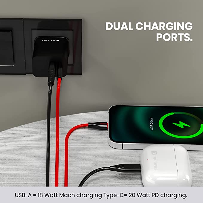 Portronics ADAPTO 20B 20W Dual Port Fast Charging Adapter Type C PD 3.0 & Mach USB-A Compatible with iPhone & Android (Black) - Image 4