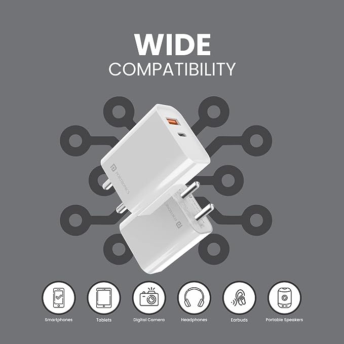Portronics Adapto 45 20W Mach USB & Type-C Dual Output Super Fast Charger, Wall Adapter Power Delivery 3.0 Fast Charging (White) - Image 5