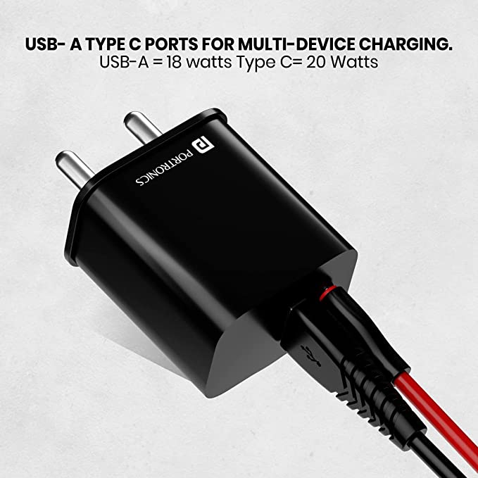 Portronics ADAPTO 20B 20W Dual Port Fast Charging Adapter Type C PD 3.0 & Mach USB-A Compatible with iPhone & Android (Black) - Image 5