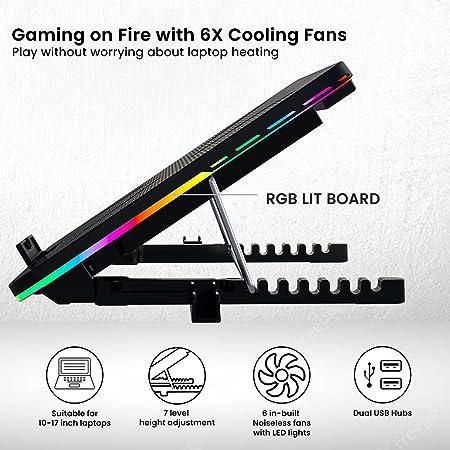 Portronics My Buddy Air Cooling Pad Laptop Stand with 6 Cooling Fans, RGB Lights, 7 Adjustable Heights, Mobile Stand for Upto 43.18cm (17 Inches) Laptop, Black - Image 2