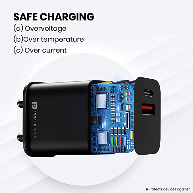Portronics ADAPTO 20B 20W Dual Port Fast Charging Adapter Type C PD 3.0 & Mach USB-A Compatible with iPhone & Android (Black) - Image 2