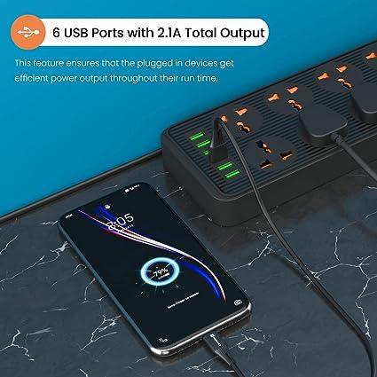 Portronics Power Plate 7 with 6 USB Port + 8 Power Sockets Extension Board Multi Plug with 2500W,2.1A USB Output 3M(Black) - Image 3