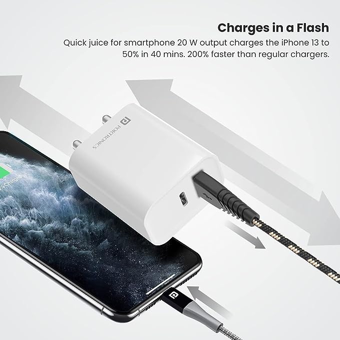 Portronics Adapto 45 20W Mach USB & Type-C Dual Output Super Fast Charger, Wall Adapter Power Delivery 3.0 Fast Charging (White) - Image 4