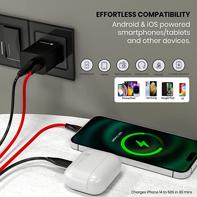 Portronics ADAPTO 20B 20W Dual Port Fast Charging Adapter Type C PD 3.0 & Mach USB-A Compatible with iPhone & Android (Black) - Image 3