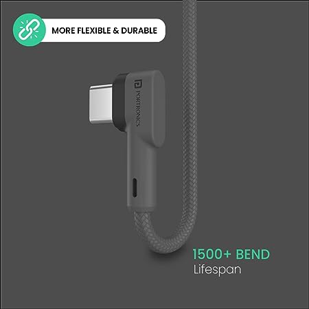 Portronics Konnect L 60W PD Type C to Type C Mobile Charging Cable, 1.2M, Fast Data Sync, Tangle Resistant, TPE+Nylon Braided (Grey) - Image 2
