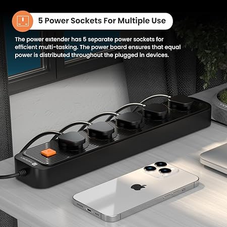 Portronics Power Plate 13 Multiplug Extension Board with 5 Power Sockets, 1500W, 2M Cord Length, Fire Proof Material, Short Circuit Protection (Black) - Image 5