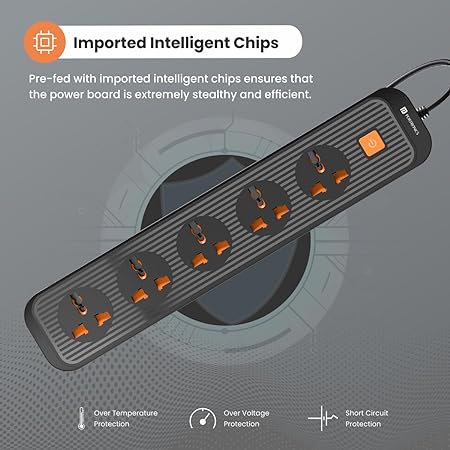 Portronics Power Plate 13 Multiplug Extension Board with 5 Power Sockets, 1500W, 2M Cord Length, Fire Proof Material, Short Circuit Protection (Black) - Image 2